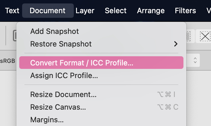 Affinity Photo's Document, Convert Format / ICC Profile menu