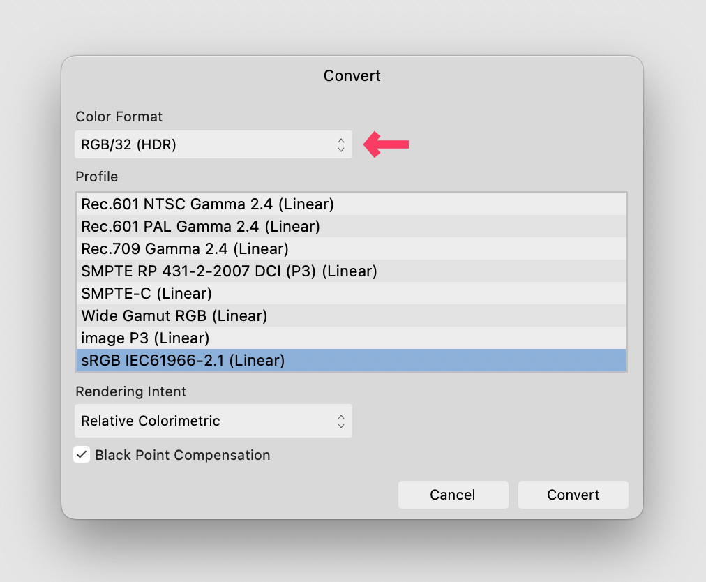 The RGB/32 (HDR) color format option in Affinity Photo