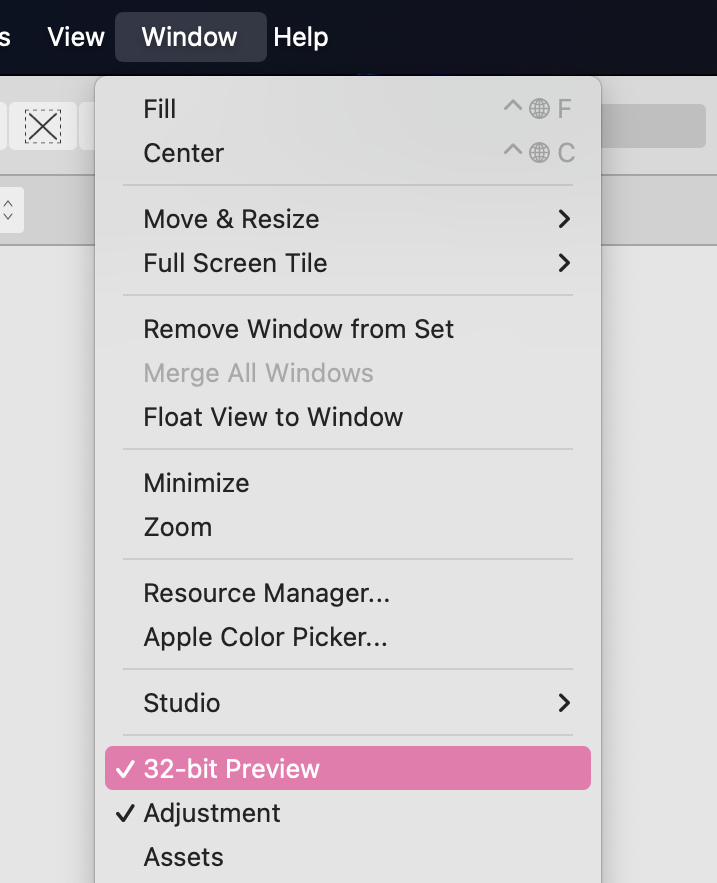 Affinity Photo's Window, 32-bit Preview menu