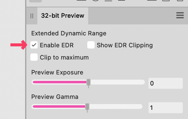 The Enable EDR option in Affinity Photo's 32-bit Preview panel
