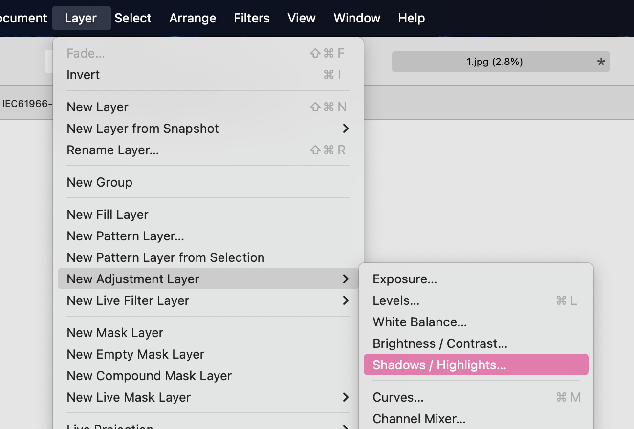 Affinity Photo's Layer, New Adjustment Layer, Shadows / Highlights menu