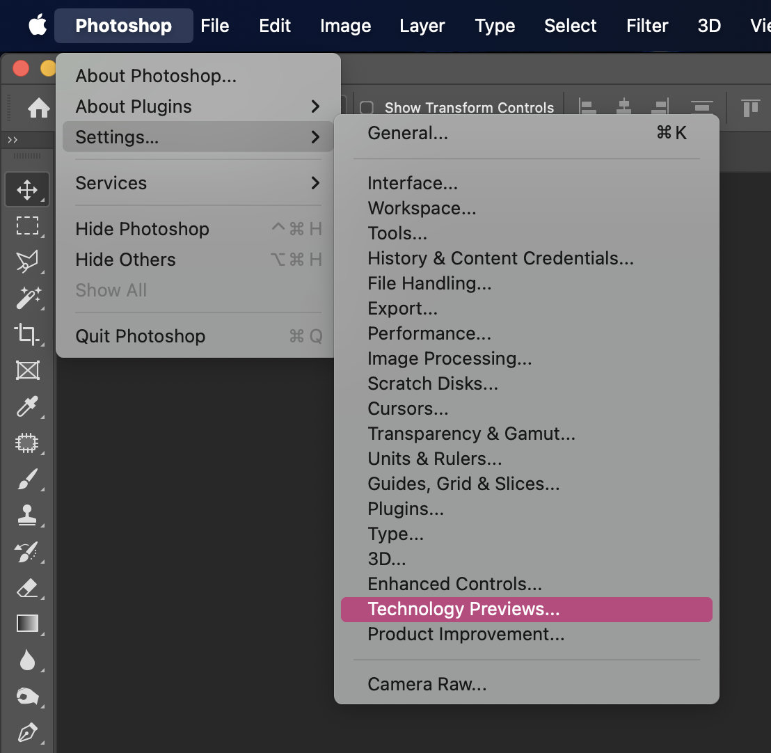 Photoshop's Settings menu, Technology Previews