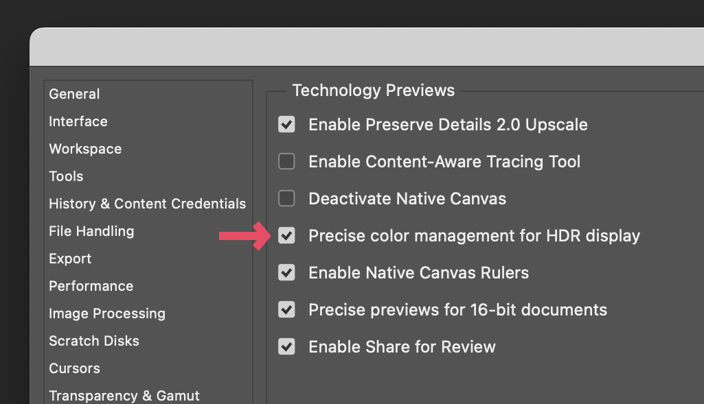 The Precise color management for HDR display option in Photoshop