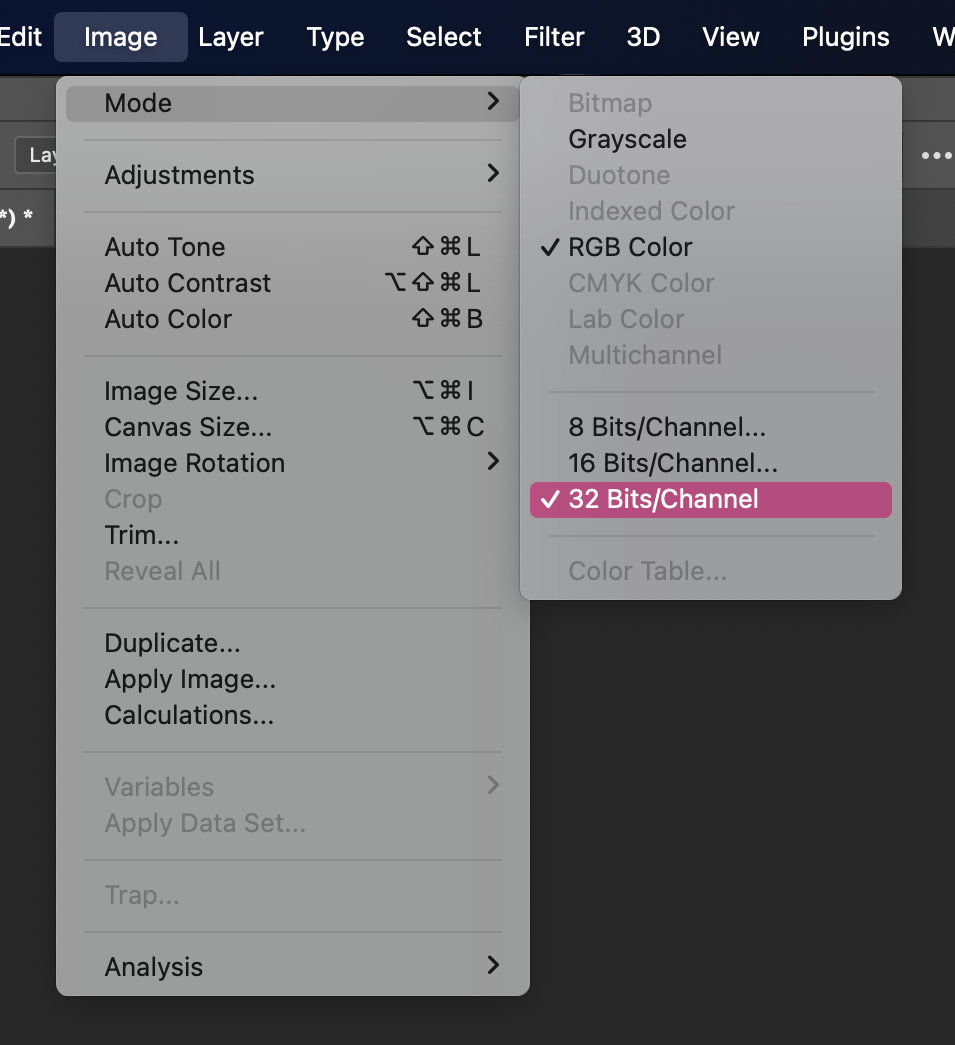 Photoshop's Image, Mode, 32 Bits/Channel menu