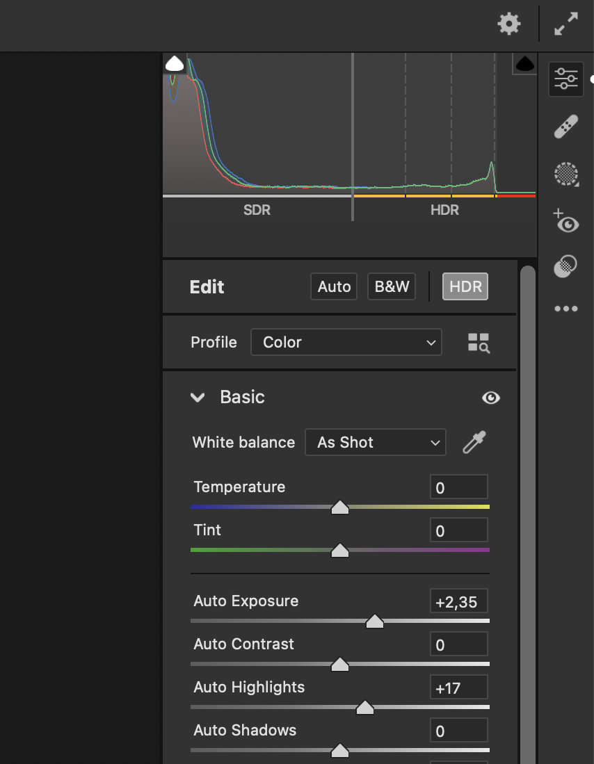 Camera Raw Filter in Photoshop with the histogram extending into the HDR range